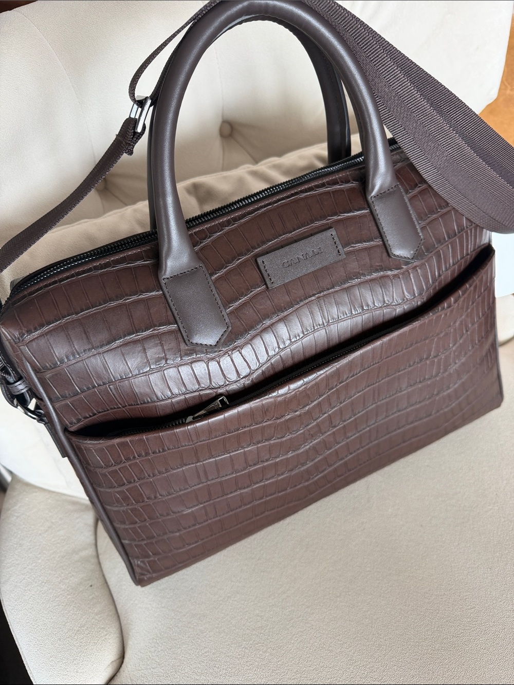 Canali Dark Brown Croc-Embossed Leather Laptop Briefcase